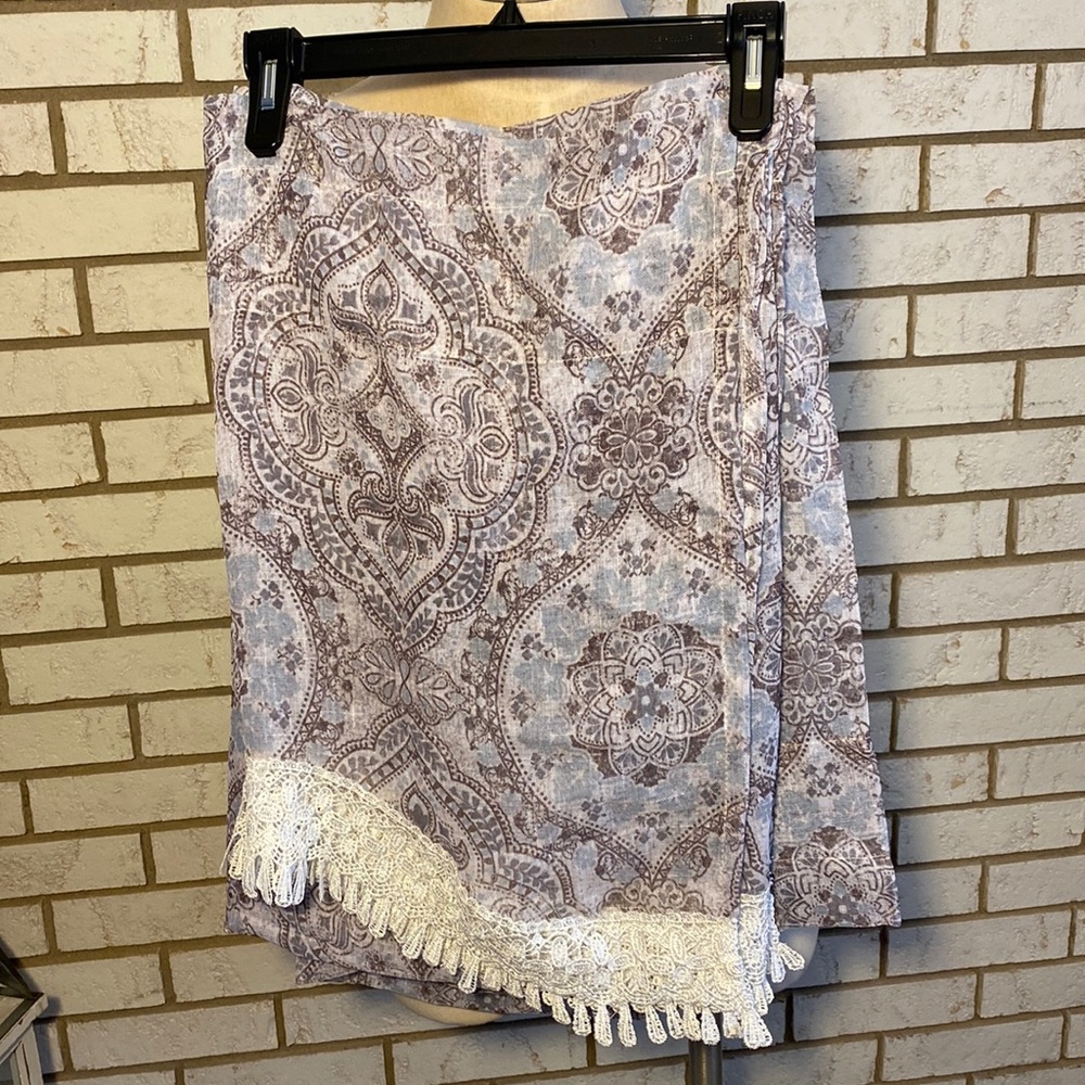 Curtain panels (2) Blue/Gray/Brown pattern lace bottom 58”w X 21” L